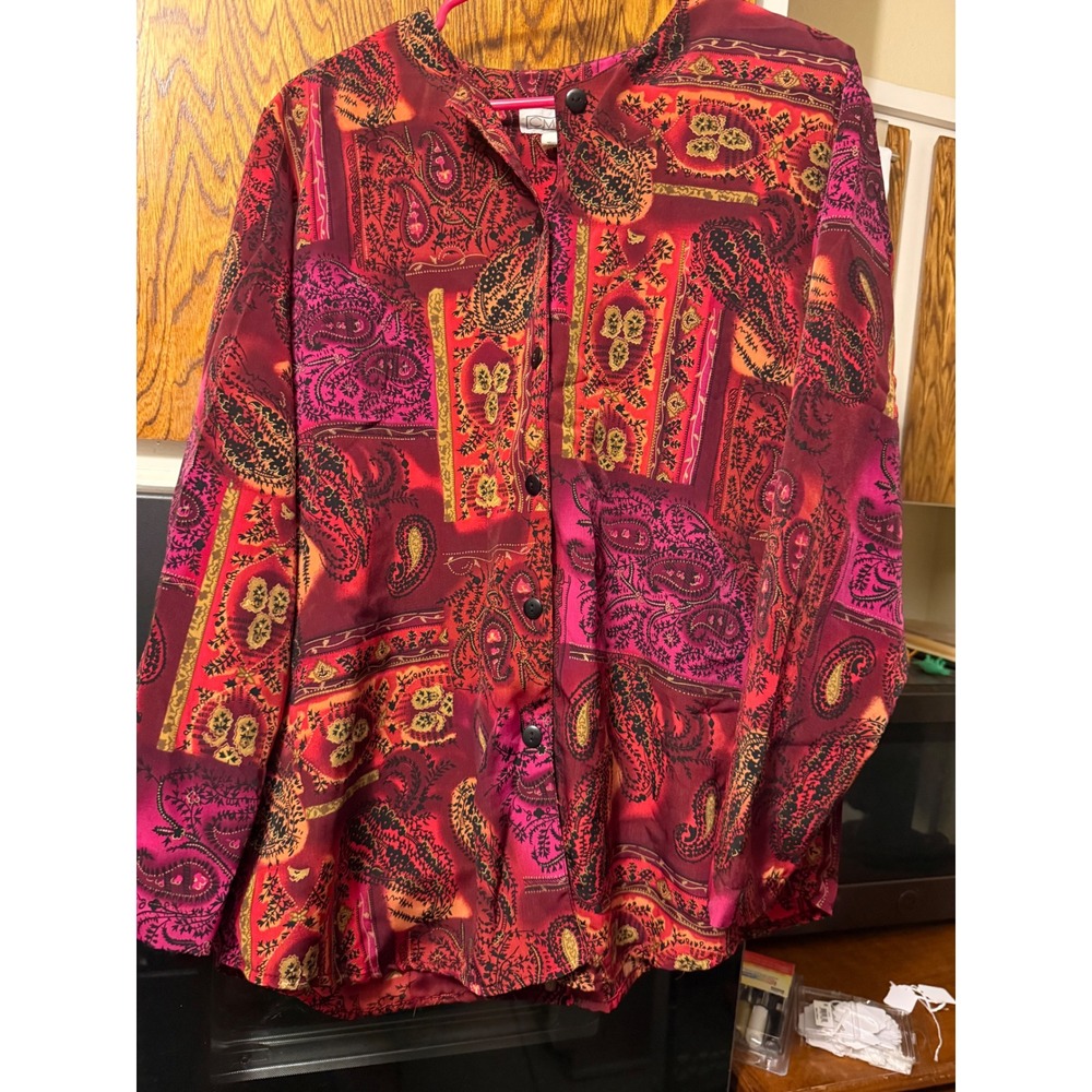 CM Shapes Womens‎ Large Paisley Patchwork Button Up Blouse Red Multi Long Sleeve